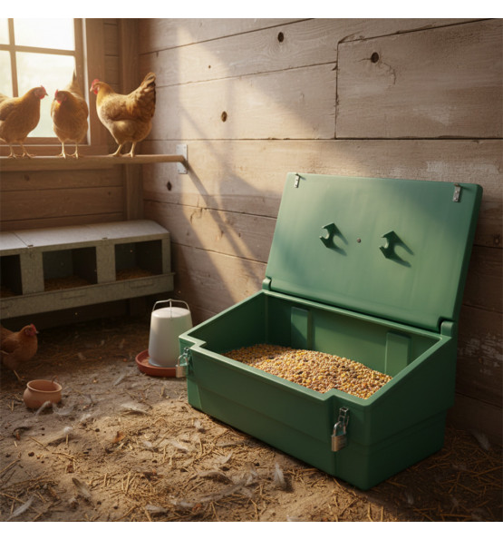 Green 100l food/multipurpose storage bin with frogs+padlock for safe and dry storage of food and too...