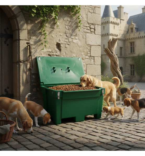 Green 200l food/multipurpose storage bin with frogs for safe and dry storage of food and tools