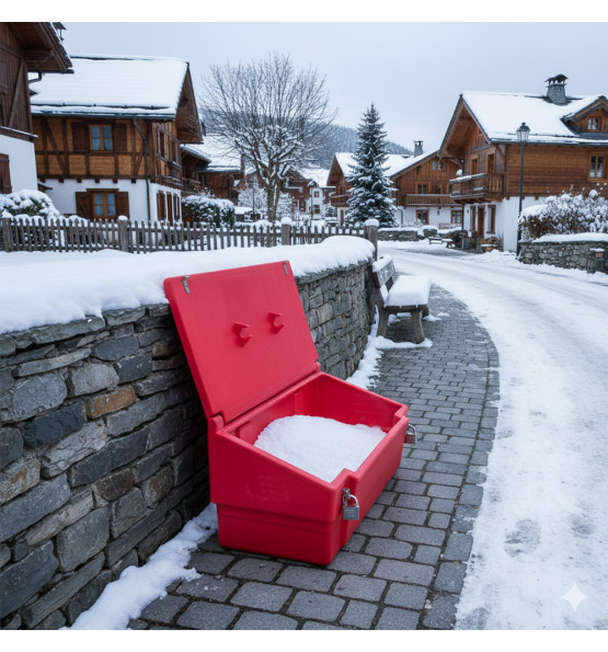 Bac à sable incendie/ à sel de déneigement 100L + grenouillères + cadenas