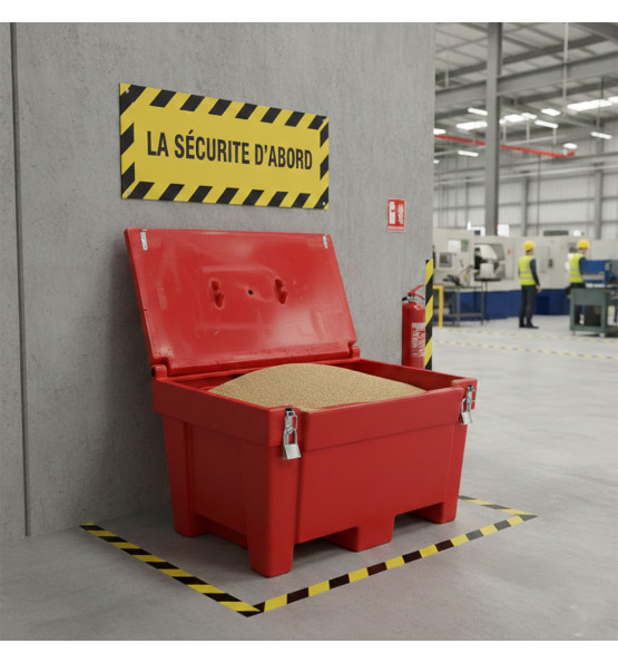 Bac à sable incendie/ à sel de déneigement 300L + grenouillères + cadenas